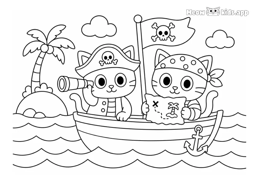Free printable cat coloring page with two cute pirate cats sailing in a boat, perfect for kids who enjoy adventure scenes.