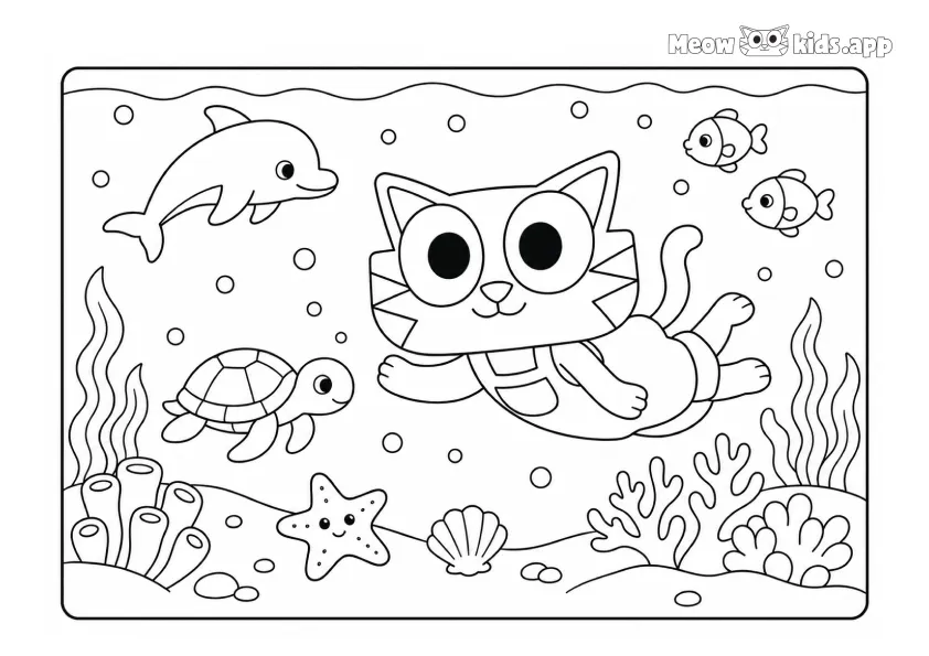 Cute cat coloring page for kids with a cat swimming underwater near a dolphin, turtle, fish, coral, shells, and bubbles.