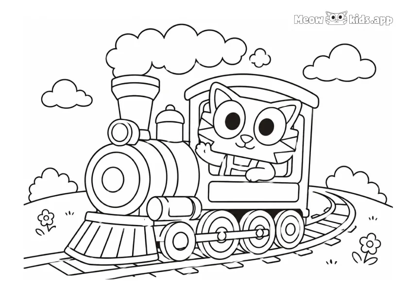 Cute printable cat coloring page for kids with a cat riding a steam train through the countryside.