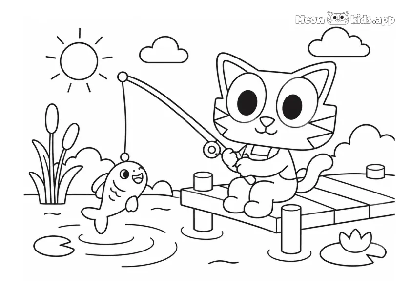 Cute cat coloring page for kids with a cat fishing from a wooden dock near a smiling fish, reeds, lily pads, and sunny pond scenery.
