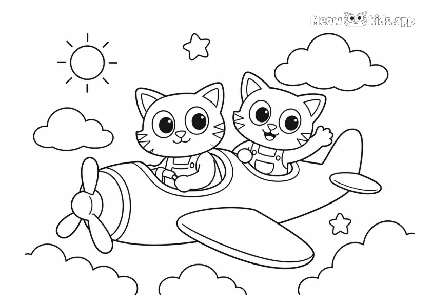 Printable kitten coloring page with two cute kittens flying in a small airplane above clouds and stars.