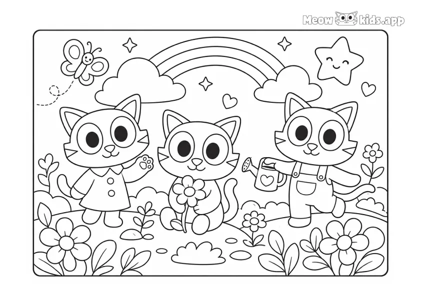 Printable kitten coloring page with three cute kittens in a flower garden with a rainbow, butterfly, clouds, and stars.