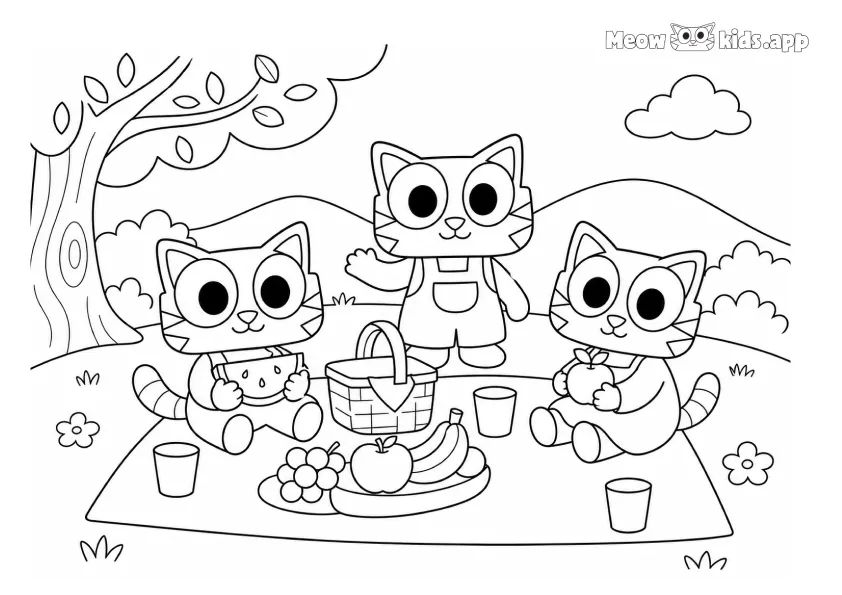 Printable kitten coloring page with a cute cat family having a picnic under a tree with fruit, cups, flowers, hills, and clouds.