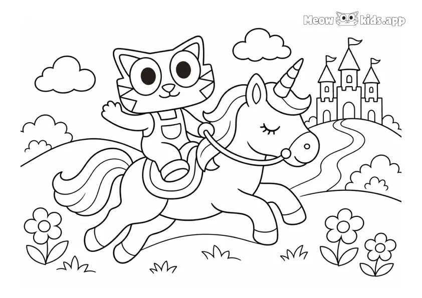 Printable kitten coloring page with a cute cat riding a unicorn near a fairy castle, flowers, hills, clouds, and magical scenery.