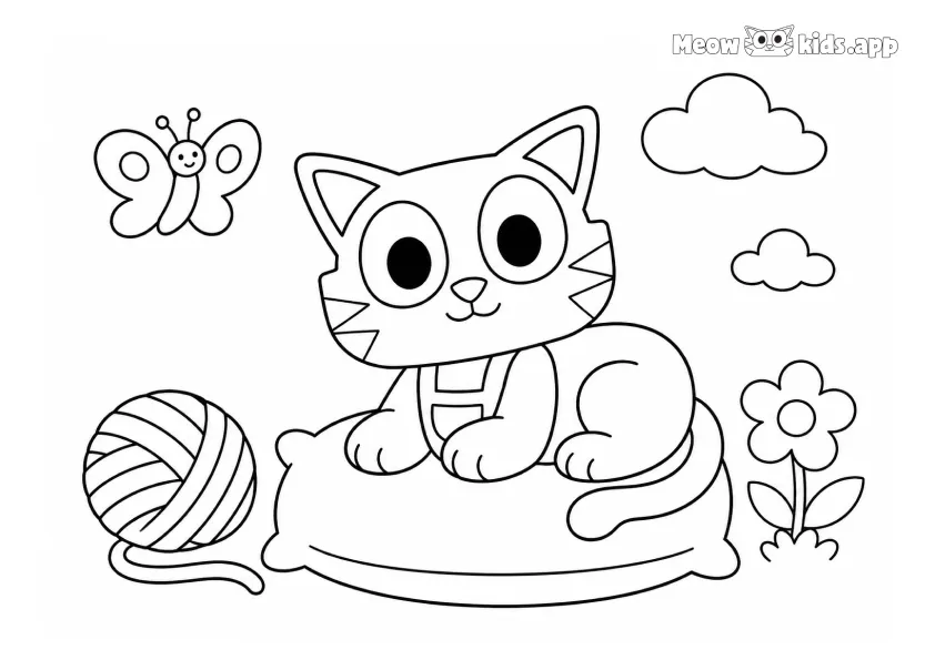 Printable kitten coloring page with a cute kitten sitting on a pillow beside yarn, butterflies, flowers, and clouds.