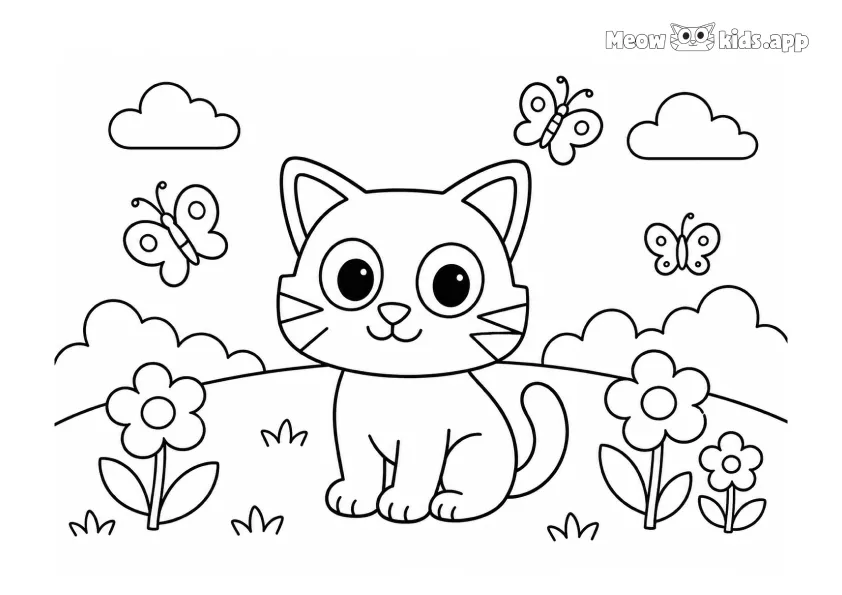 Printable kitten coloring page with a cute cat sitting in a meadow with butterflies, flowers, grass, clouds, and simple nature scenery.