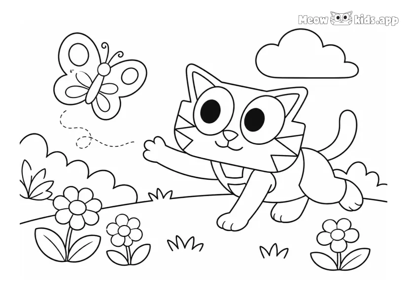Printable kitty coloring page with a cute kitten chasing a butterfly in a flower garden.