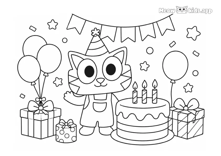 Free printable birthday cat coloring page with cake, balloons, gifts, and party decorations for kids to color.