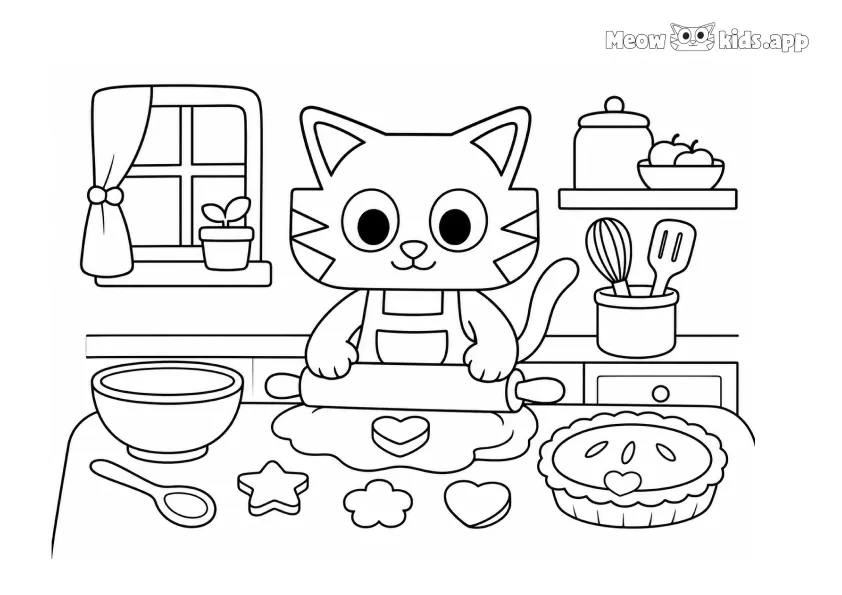 Printable kitty coloring page with a cute kitten baking cookies in a cozy kitchen.