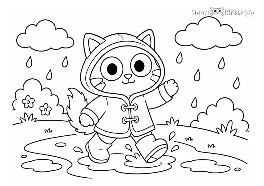 Printable kitty coloring page with a cute kitten in a raincoat jumping in puddles on a rainy day.