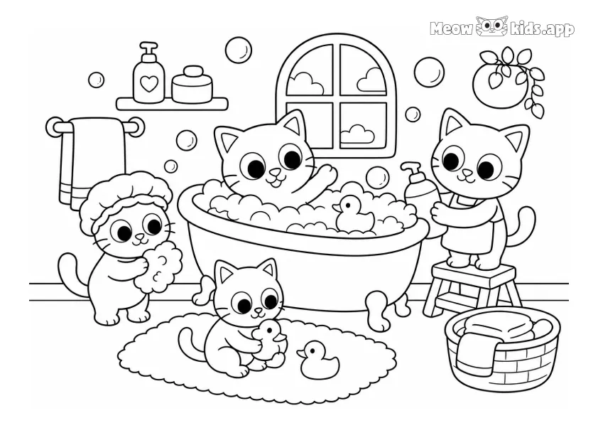 Printable baby kitten coloring page with cute little cats taking a bubble bath with toys and rubber ducks.