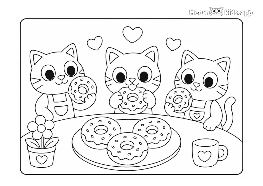Printable baby cat coloring page with three cute kittens eating donuts together at a table.