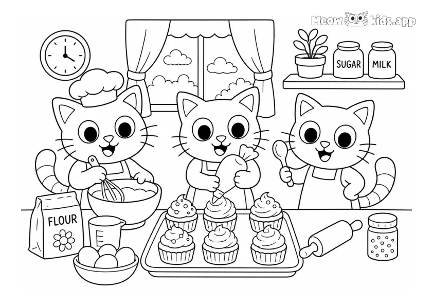 Printable baby kitten coloring page with three cute kittens baking cupcakes in a kitchen.