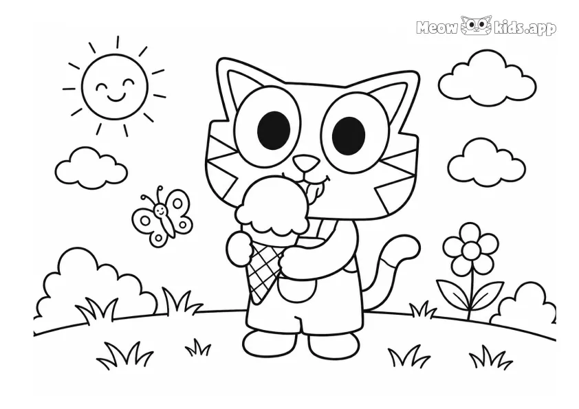 Cat coloring sheet with a cute kitten eating ice cream in a sunny garden, ready to print and color.