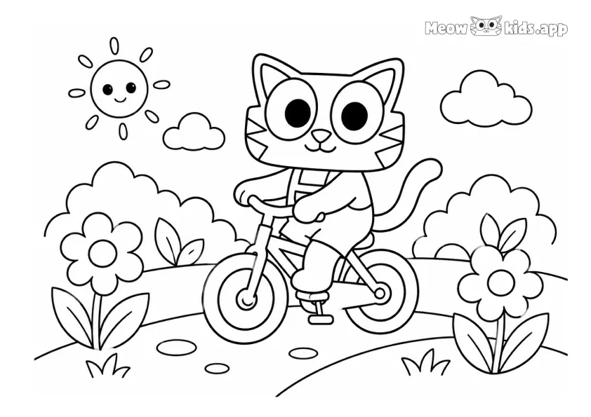 Cat coloring sheet with a cute kitten riding a bicycle through a flower garden.