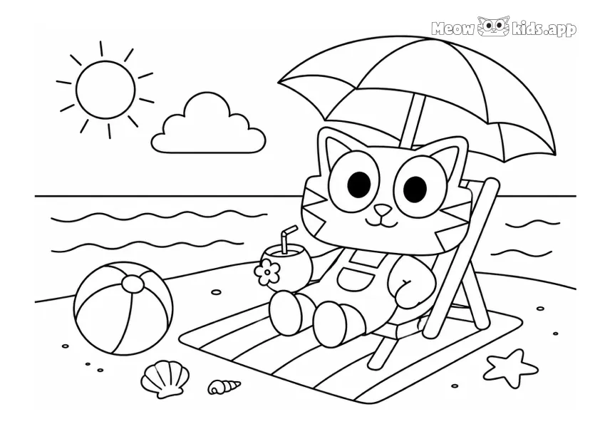 Cat picture to color with a cute kitten relaxing under an umbrella at the beach.