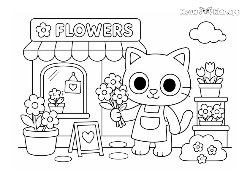 Kawaii cat coloring page with a cute kitten holding flowers in front of a flower shop.