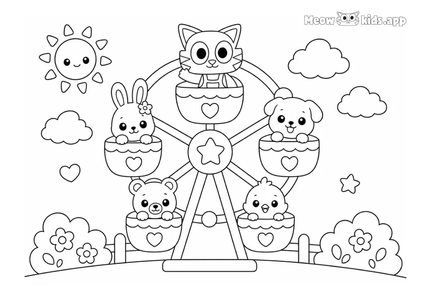 Cartoon kitten coloring page with a happy cat riding a Ferris wheel with cute animals.
