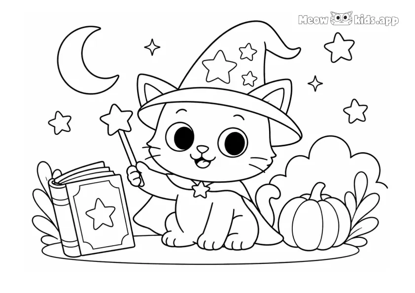 Free printable wizard cat coloring page with a magic hat, wand, stars, moon, book, and pumpkin for creative coloring fun.