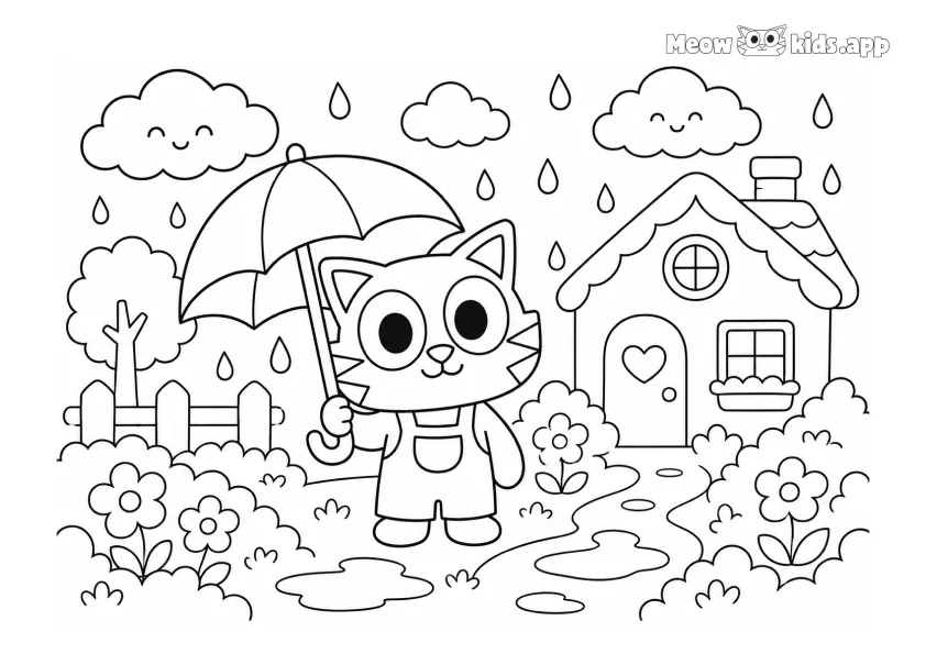 Kawaii cat coloring page with a cute cat holding an umbrella in a rainy garden near a house.