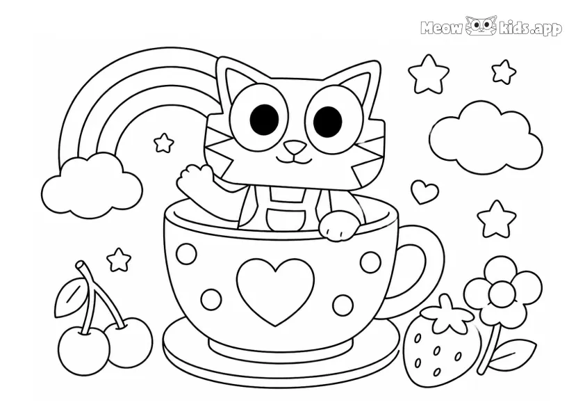 Kawaii kitten coloring page with an adorable cat sitting in a teacup with rainbow, cherries, strawberry, and stars.
