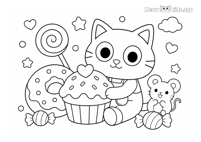 Cartoon kitten coloring page with a cute cat, cupcake, candy, teddy bear, hearts, and stars.