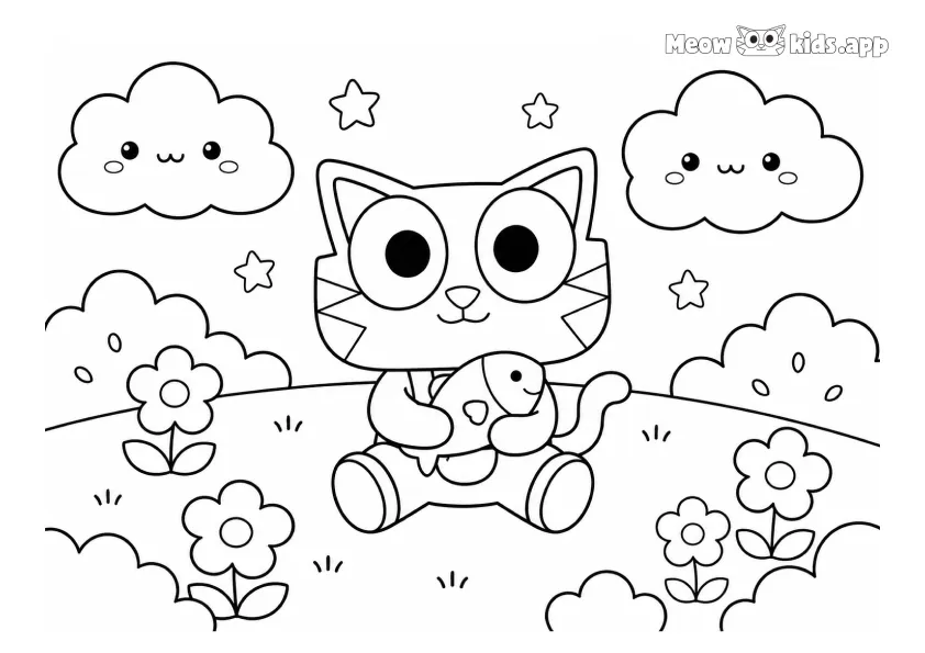 Kawaii kitten coloring page with a simple cute cat sitting in a flower meadow with clouds and stars.