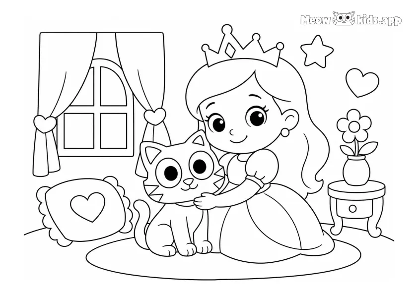Silly cat drawing coloring page with a little princess hugging a cute kitten in a cozy room.