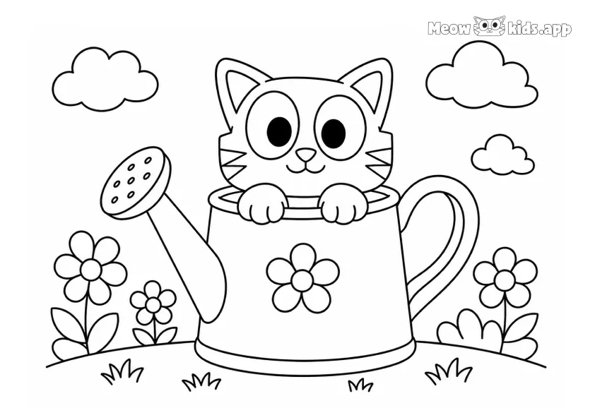 Silly cat drawing coloring page with a cute kitten peeking from a watering can in a flower garden.