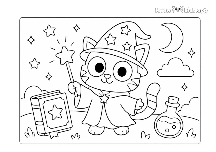 Silly cat drawing coloring page with a magical cat wizard, wand, book, potion, moon, and stars.