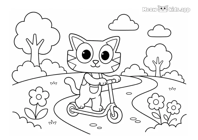 Printable cat and kitten coloring page with a cute kitten riding a scooter in a park with trees, flowers, clouds, and a path.