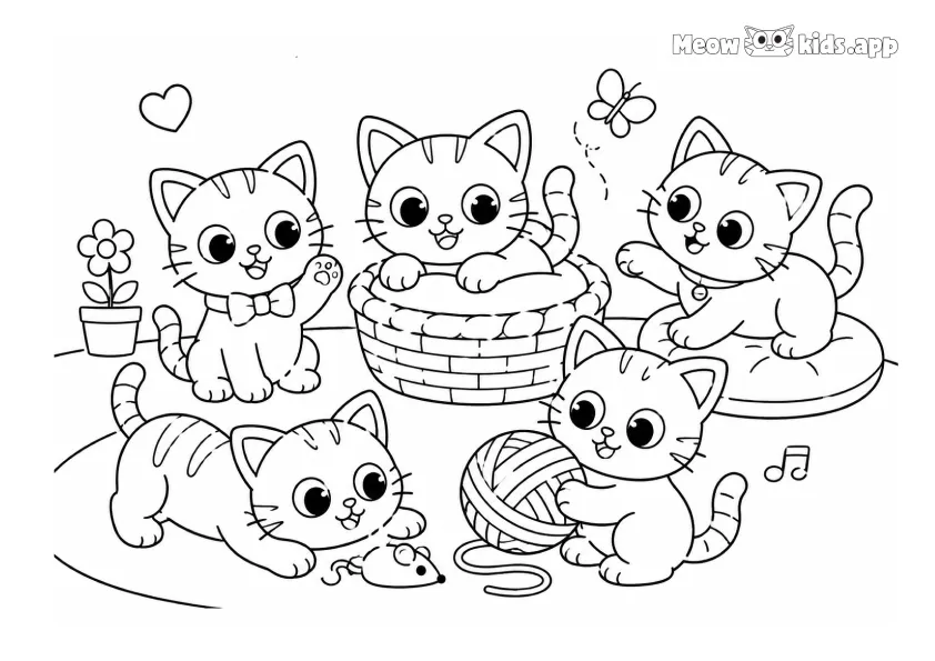 Printable cat and kitten coloring page with five cute cats playing with yarn, a basket, a flower pot, and a butterfly.