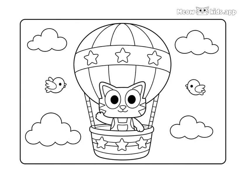 Printable cat and kitten coloring page with a cute cat flying in a hot air balloon with clouds, birds, and star decorations.