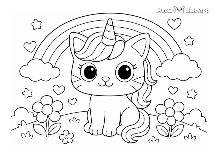 Easy cat coloring page for toddlers with a cute unicorn cat, rainbow, clouds, flowers, hearts, and stars.