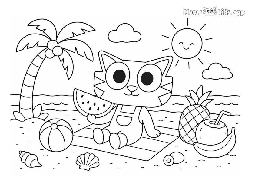 Free printable cat colouring page with a cute kitten on the beach near a palm tree, watermelon, pineapple, shells, and sunshine.