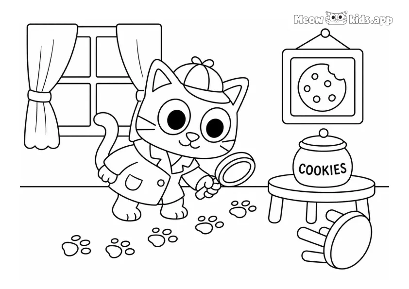 Cute cat colouring page for kids with a kitten detective holding a magnifying glass near paw prints, cookies, and a window.