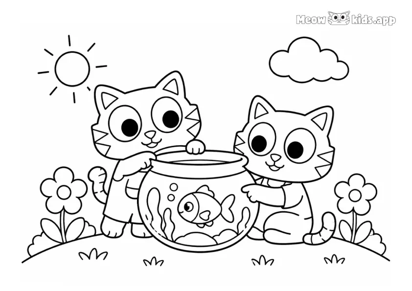 Printable cat colouring page showing two cute kittens looking at a fish bowl in a sunny garden with flowers and clouds.