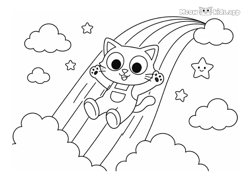 Easy printable cat coloring page with a happy kitten sliding down a rainbow among clouds and stars.