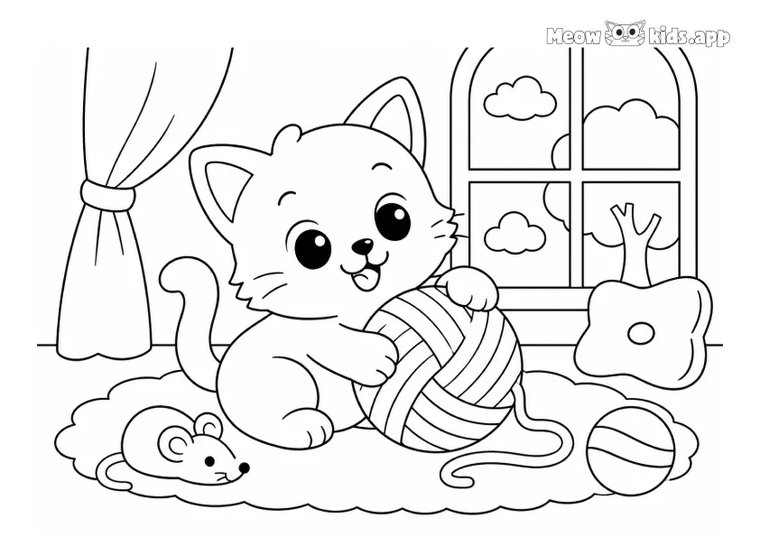 Easy kitten coloring page for toddlers with a cute cat playing with yarn beside a window.