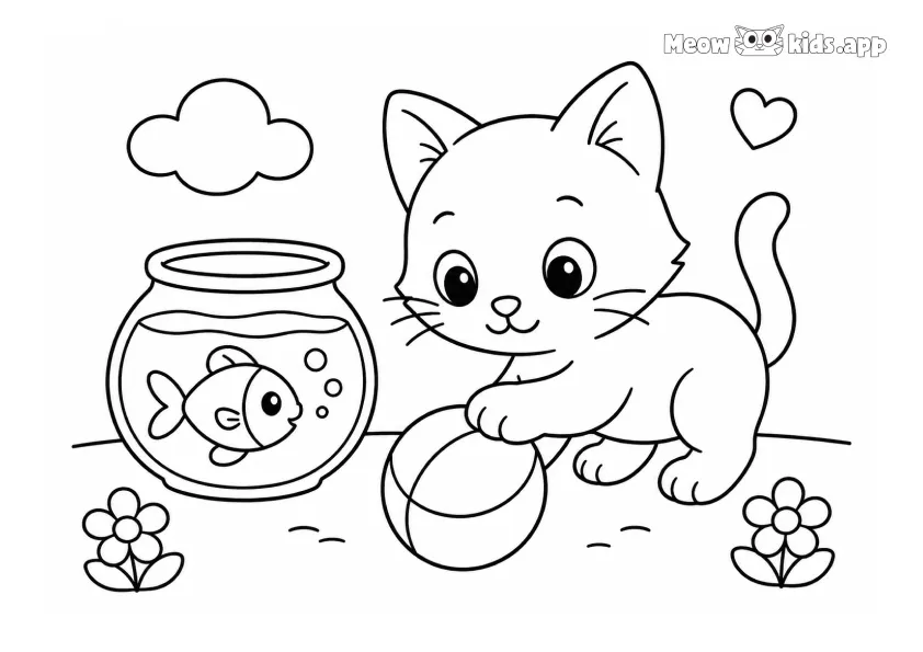 Easy printable kitten coloring page with a playful cat, fishbowl, ball, flowers, and simple outlines for toddlers.