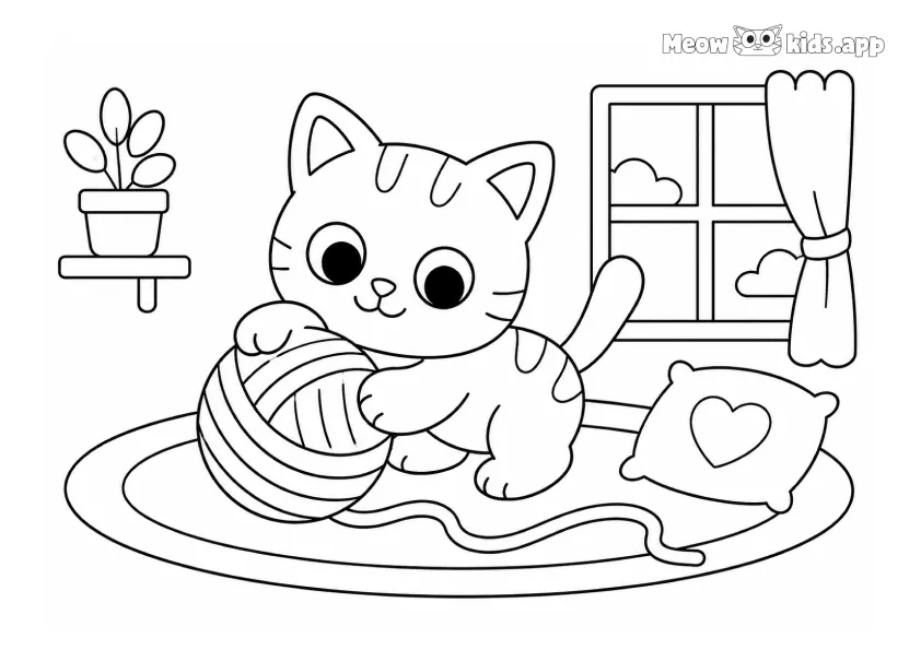 Easy cat coloring page for toddlers with a cute kitten playing with a ball of yarn in a cozy room.