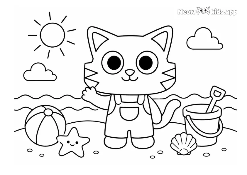 Easy printable beach cat coloring page with a cute cat, sun, waves, beach ball, bucket, shell, and starfish.