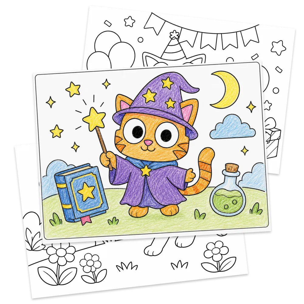 Niño con página para colorear y tarjetas de personajes divertidos