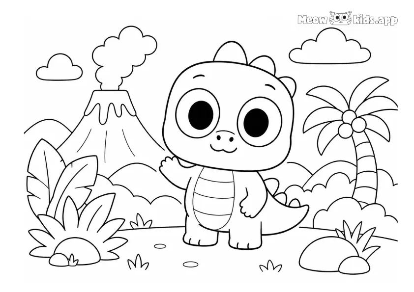 Un bebé dinosaurio curioso explora un mundo prehistórico tropical con volcán, palmera, plantas grandes, rocas y colinas.