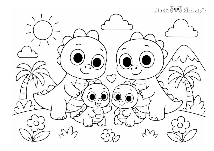 Una escena cálida de familia dinosaurio con dos bebés, dos dinosaurios grandes, flores, palmeras, montañas y un corazón.