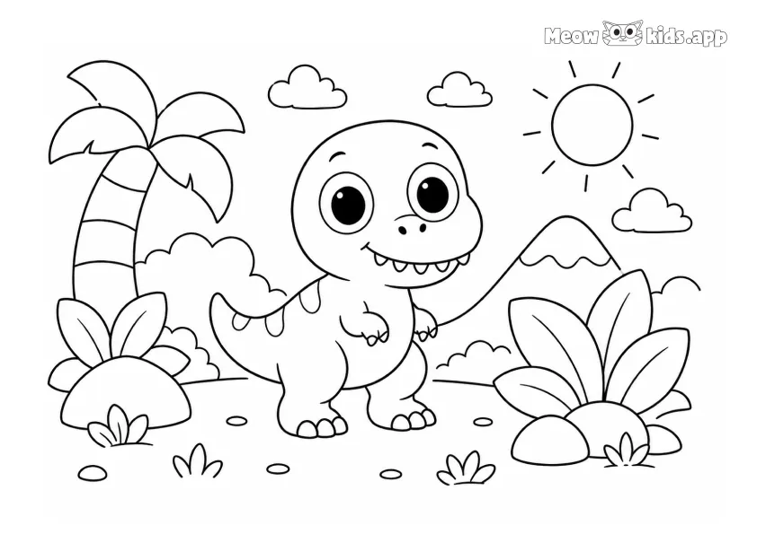 Un bebé T-Rex tierno camina por una jungla prehistórica soleada con palmeras, plantas tropicales, rocas, nubes y un volcán.