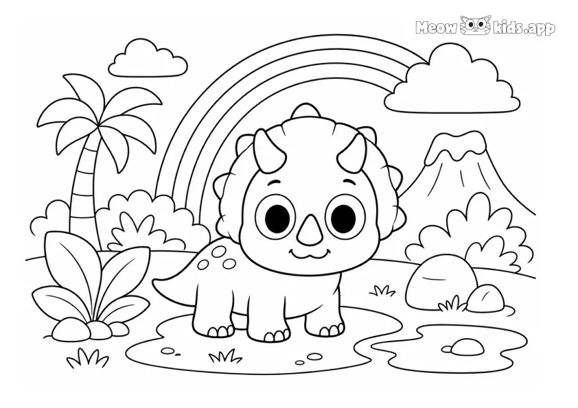 Un pequeño Triceratops está junto a un estanque tranquilo con arcoíris, palmera, volcán, nubes, arbustos y piedras.