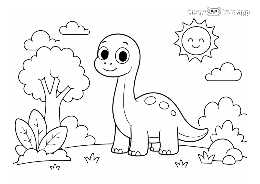 Un dinosaurio de cuello largo y carácter tranquilo camina por un prado soleado con árboles, arbustos, pasto, nubes y un sol sonriente.