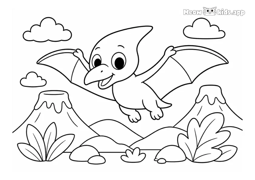 Un Pterodáctilo feliz vuela sobre volcanes, colinas, plantas, rocas y nubes en un cielo prehistórico.