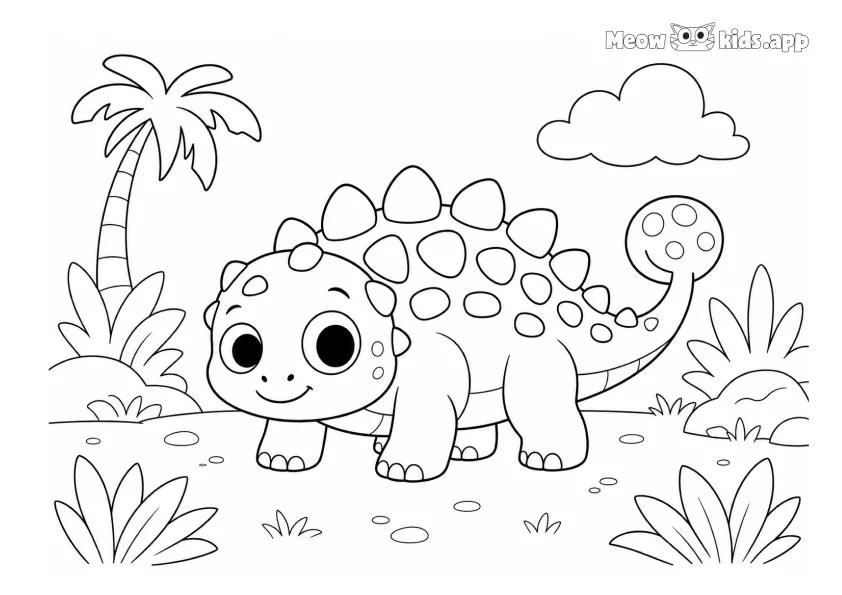 Un dinosaurio acorazado y simpático camina por una zona tropical prehistórica con palmeras, plantas grandes, piedras, nubes y una forma redonda en el cielo.